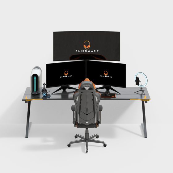 Modern Black Desk Setup 3D Model for Productive Workspaces