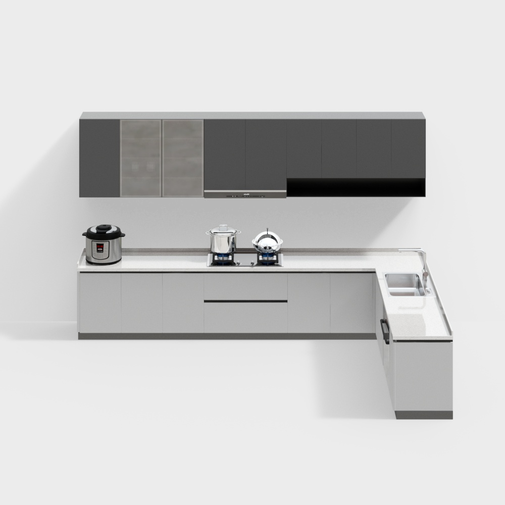 Modern Minimalist Kitchen 3D Model – Sleek Gray & White Design