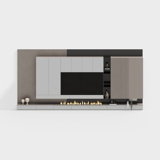 Modern grey and black wall unit with TV screen fireplace shelves on white background