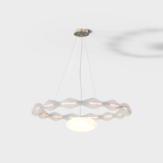Modern ceiling light with gold base and wavy white glass rings on grey background