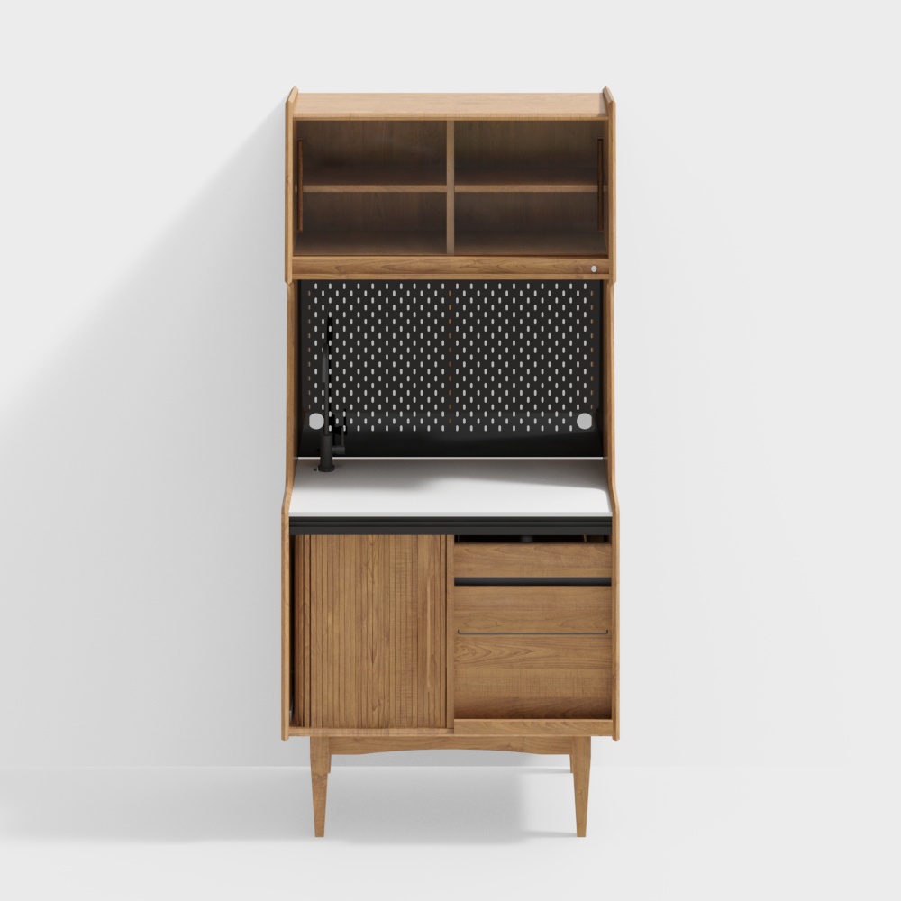 Modern wooden cabinet with white countertop and black pegboard on white background