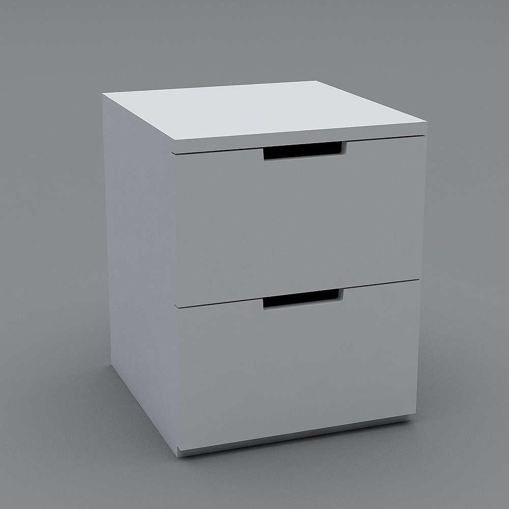 Modern white bedside cabinet with two drawers and black handles on grey background