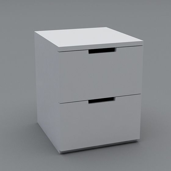 Modern white bedside cabinet with two drawers and black handles on grey background