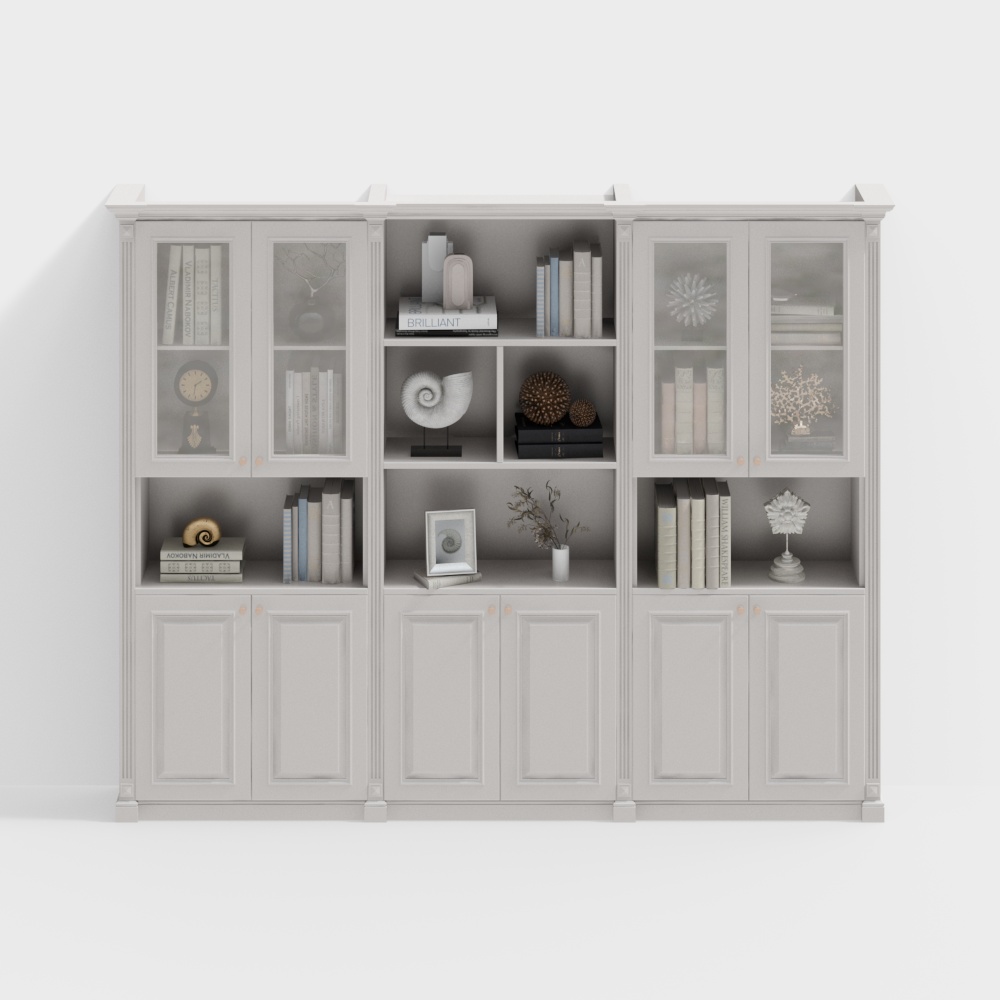 Large light grey wooden cabinet with glass doors and shelves on white background
