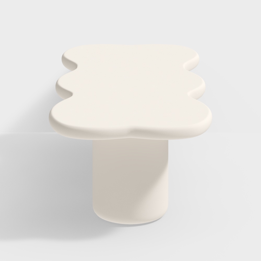 Modern white round side table with wavy top edge and solid base on light grey background