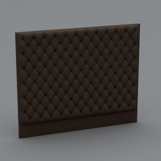 Dark brown tufted fabric headboard with diamond pattern and solid base on grey background