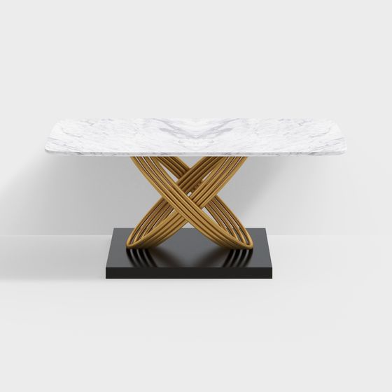 Elegant 3D Model Dining Table with Marble and Gold Base