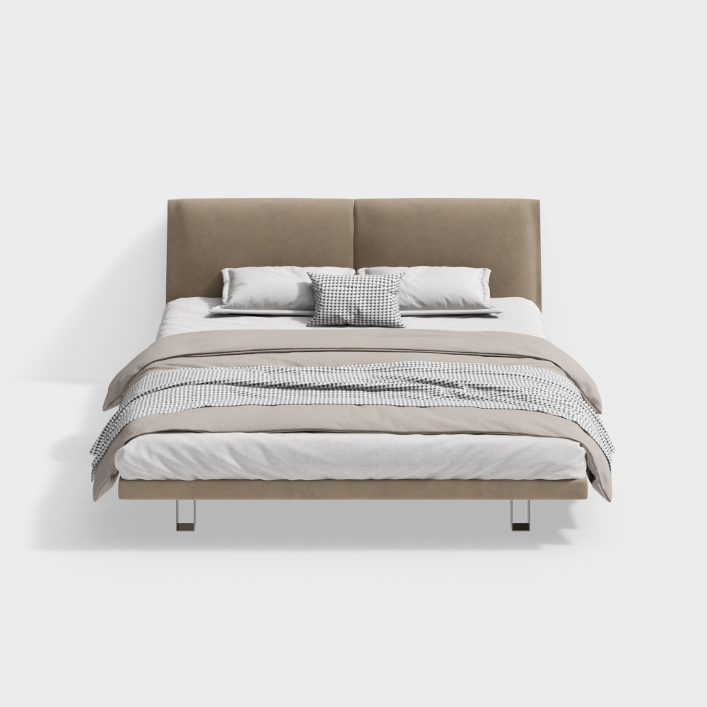 Modern beige upholstered platform bed with metal legs and white bedding on white background