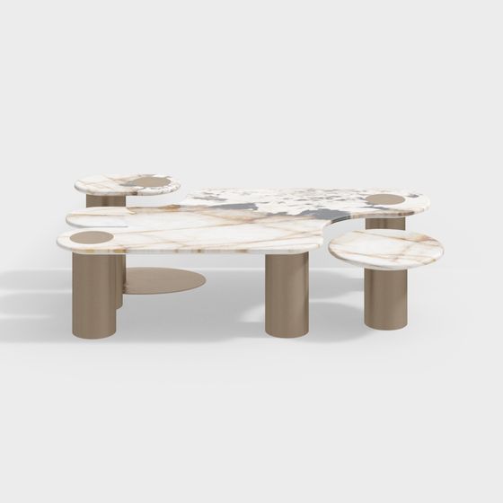 Modern white marble coffee table with beige legs and small round side tables on grey background