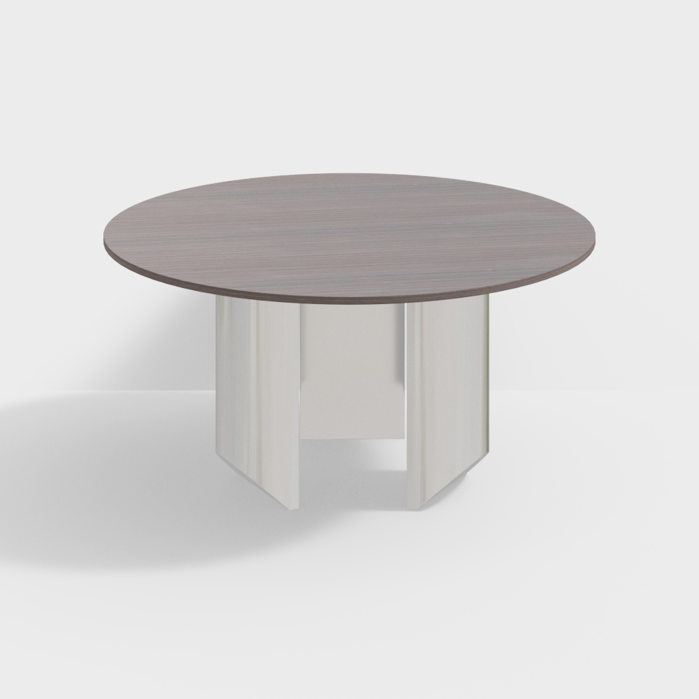 Modern round dining table with grey wood surface and white legs on white background