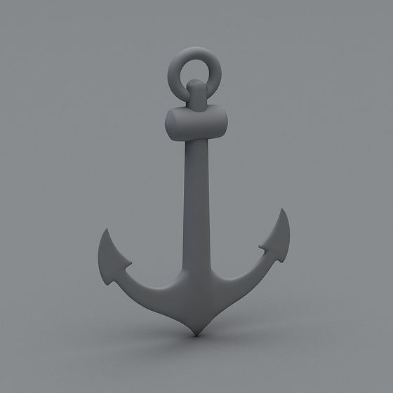 Grey metal decorative anchor with top ring and two flukes on grey background