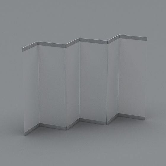 Modern white folding room divider with silver metal frame on grey background