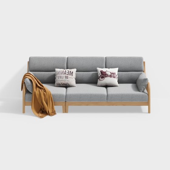 Gray I-Shape Four-Seater Sofa 3D Model
