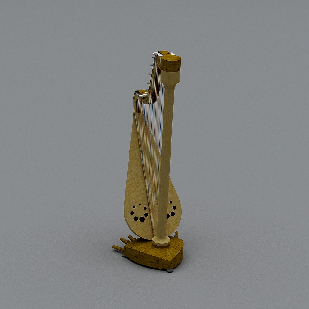 Traditional wooden string instrument with sound holes and pegs on grey background