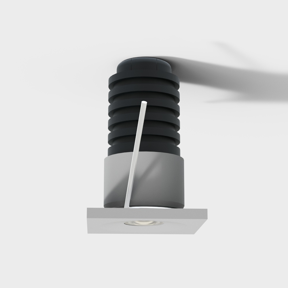 Modern black and silver ceiling light with square base and ribbed design on white background