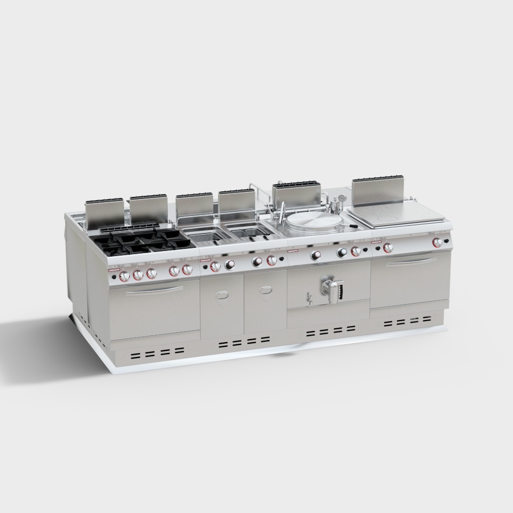 Large stainless steel commercial kitchen range with gas burners and fryer on white background