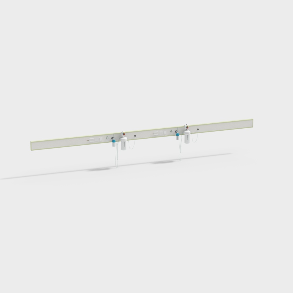 Modern white medical ceiling light fixture with two hanging units on grey background
