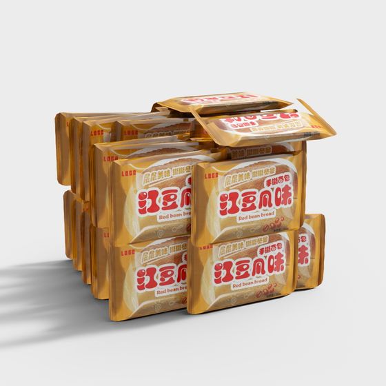 Realistic Red Bean Bread Packaging Box 3D model