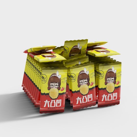 Vibrant 3D Model of Potato Chips Packaging