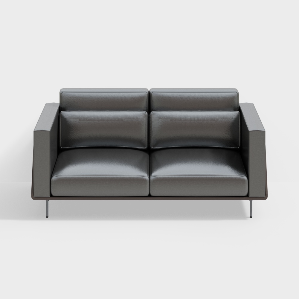 Modern dark grey leather two seater sofa with metal legs on white background