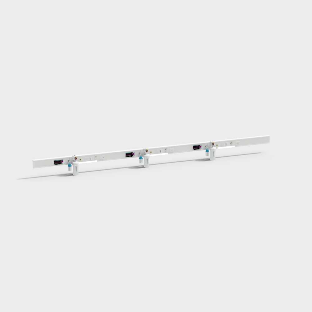 Modern white linear track light with three adjustable spotlights on grey background