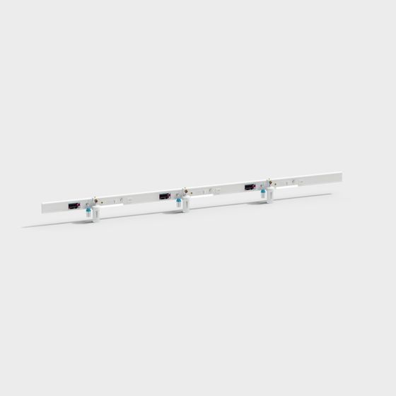 Modern white linear track light with three adjustable spotlights on grey background