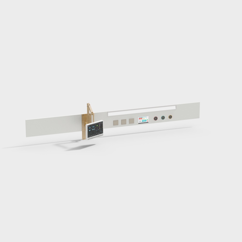 Modern white hospital headwall unit with monitor light and control panel on white background