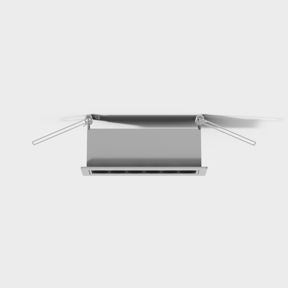 Modern silver ceiling light fixture with rectangular body and metal rods on white background