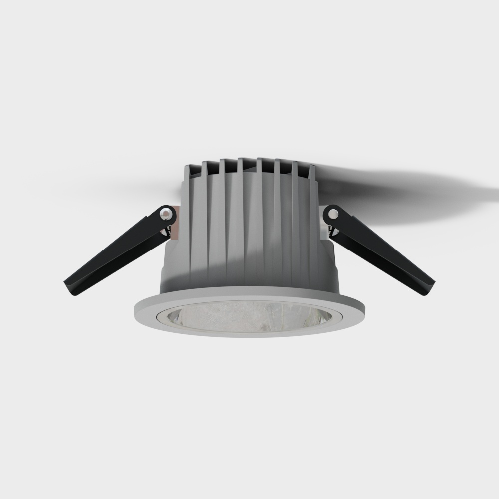 Grey metal ceiling light with black clips and clear glass on white background