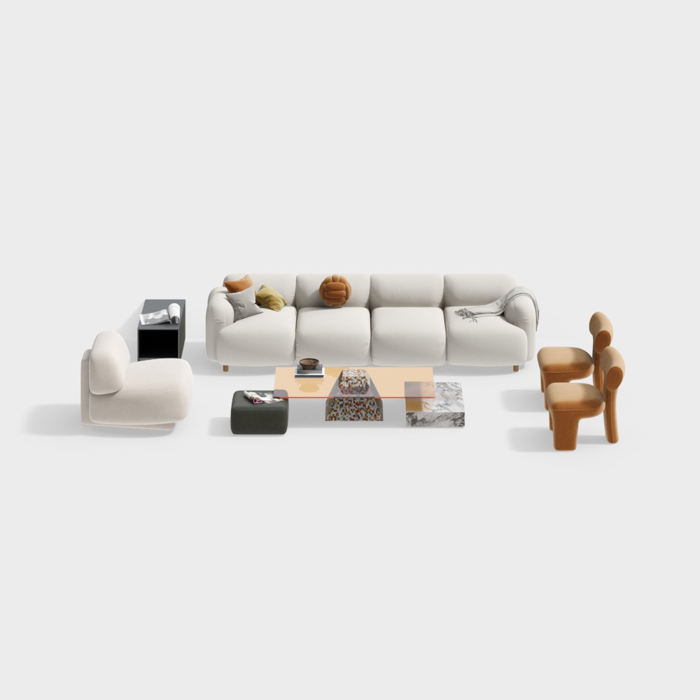 Elegant 3D Sofa Set Model – Minimalist Beige & Wood