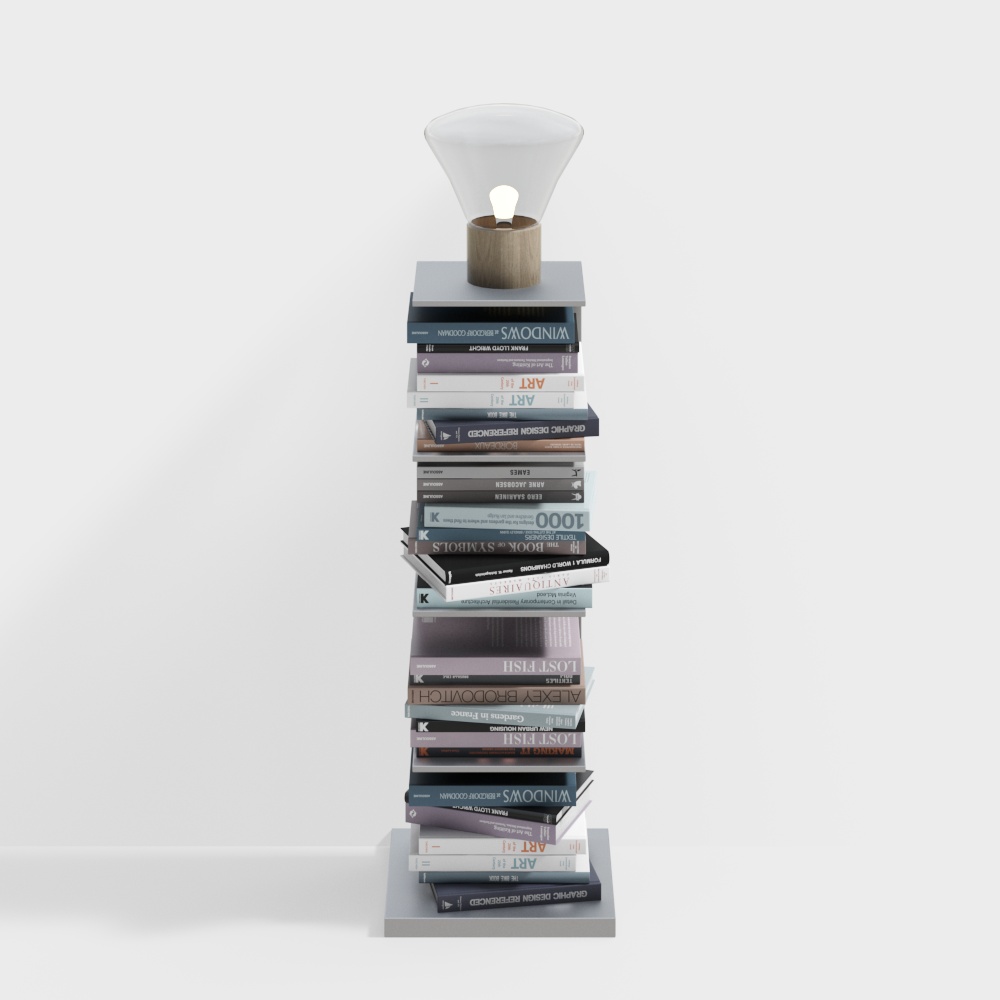 Modern grey book stack floor lamp with wooden light fixture base on white background