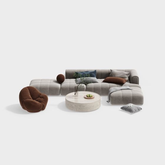 Beige Modern Cream Style Sofa Set 3D Model