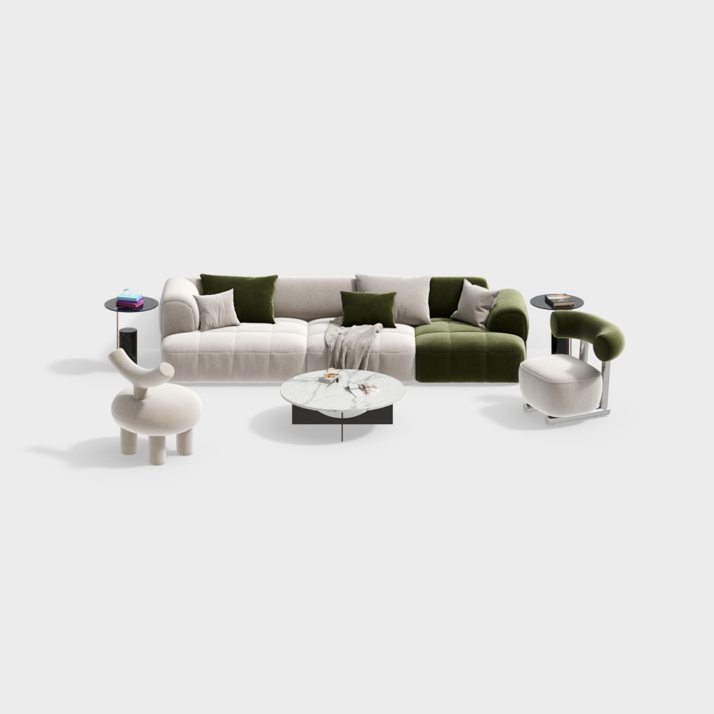 Stylish Low-Poly Sofa Set – Beige & Green Upholstery