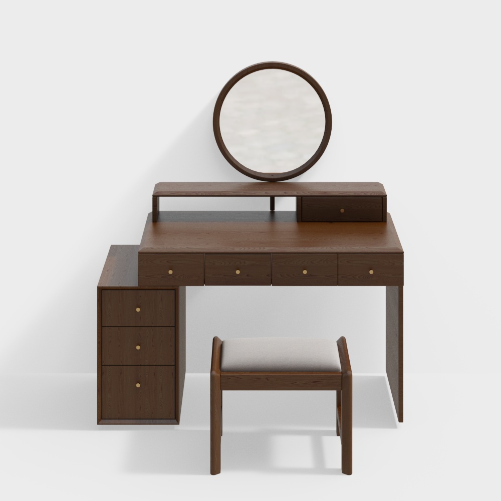 Modern dark brown wooden vanity desk with round mirror and stool on white background