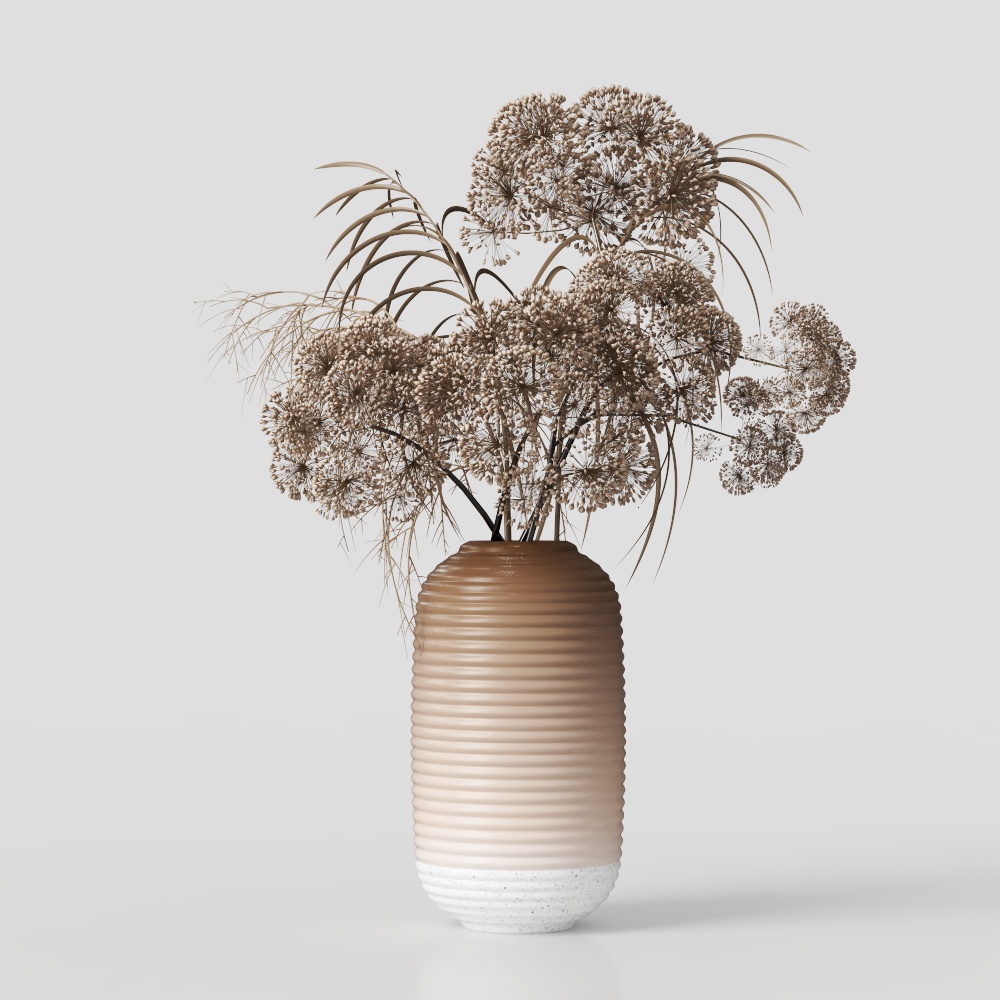 Ribbed beige and white ceramic vase with dried brown flowers on grey background