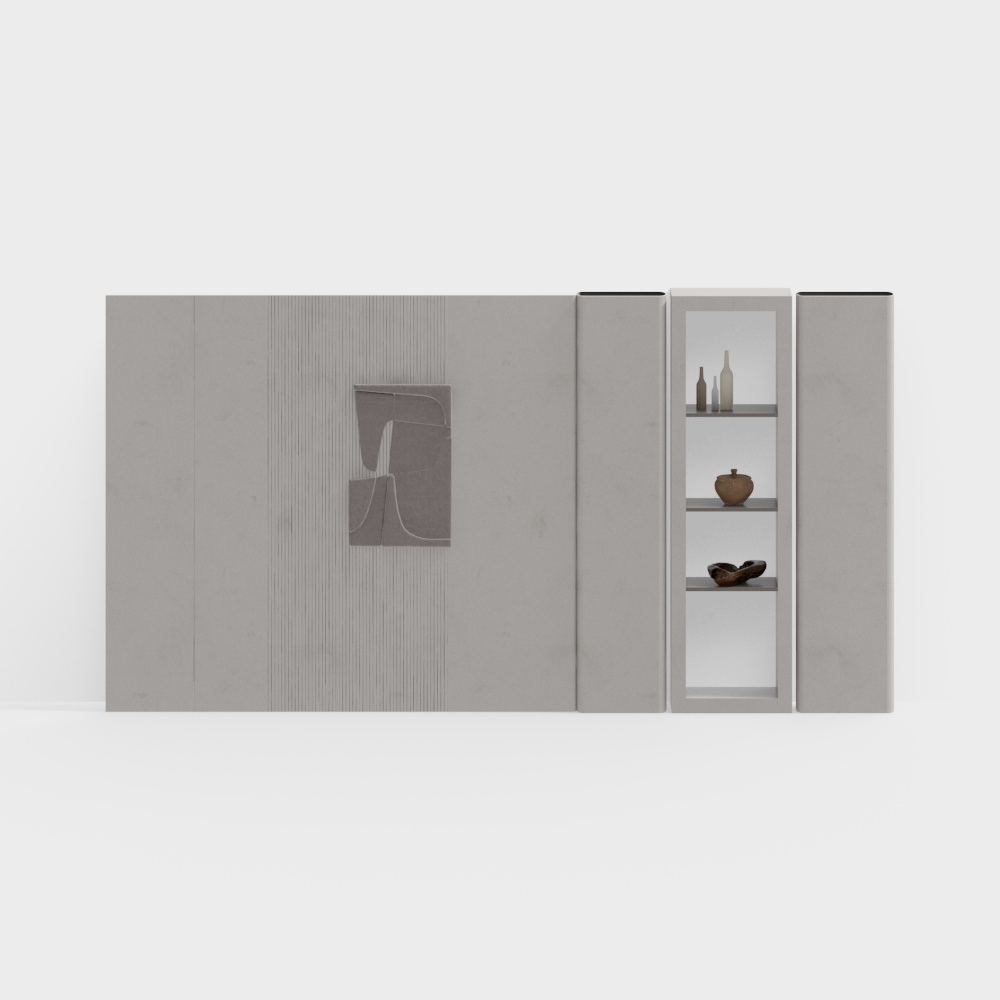Modern grey wall cabinet with glass display and open shelves on white background