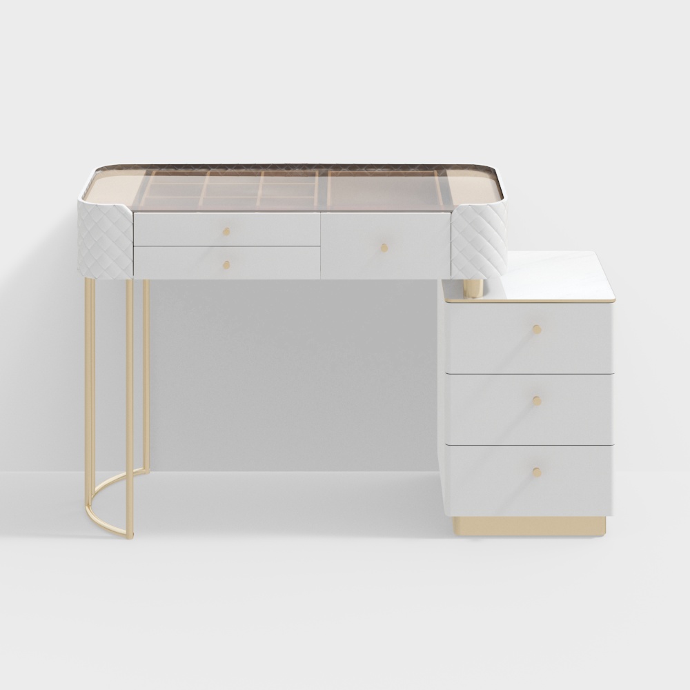 White vanity desk with glass top gold legs and cabinet on white background