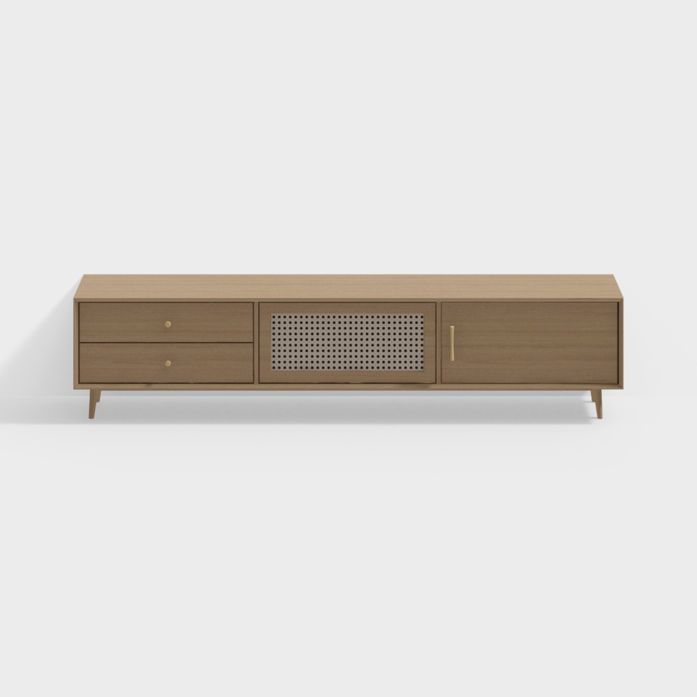 Modern light brown wooden media cabinet with drawers and gold handles on white background