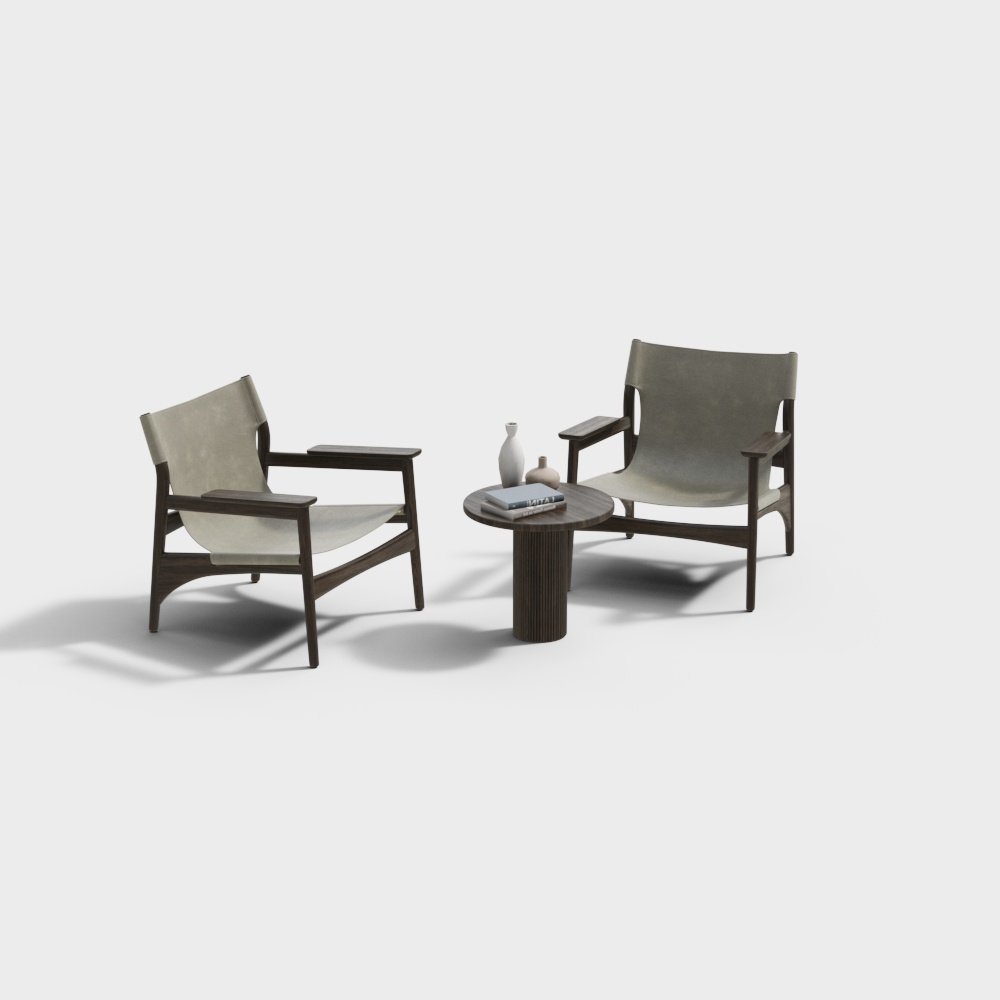 Two dark wood armchairs with beige fabric seats and small round table on light grey background
