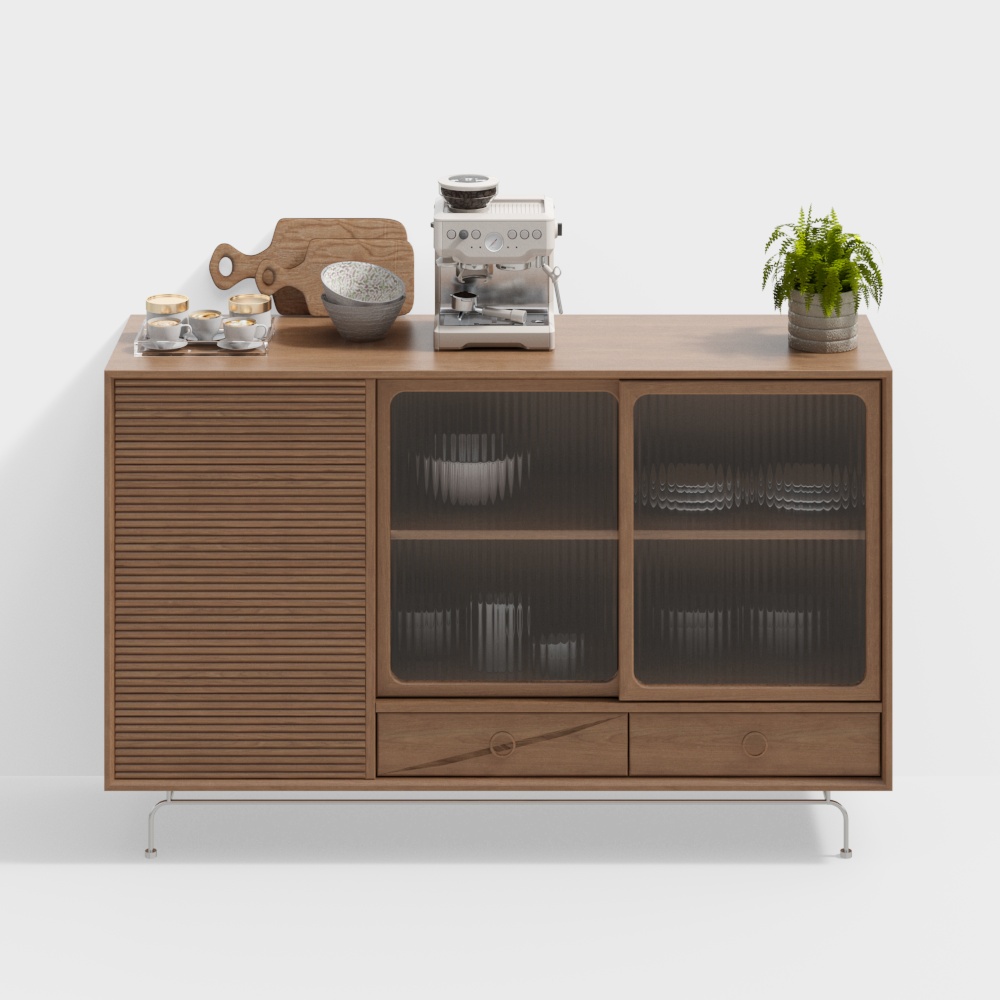 Mid-Century Modern Sideboard 3D Model – Wood & Metallic Accents