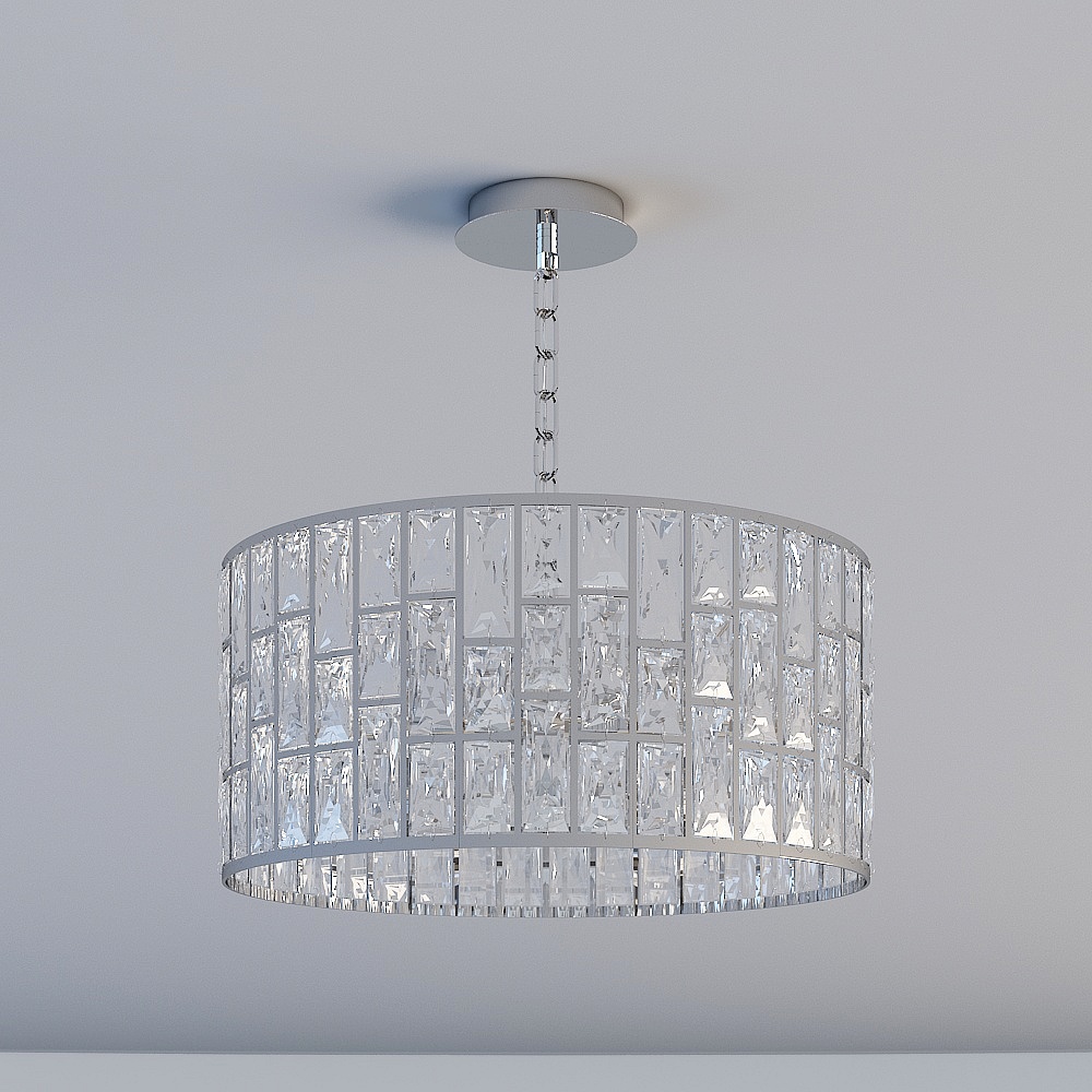 Modern round ceiling light with crystal glass panels and chrome frame on grey background