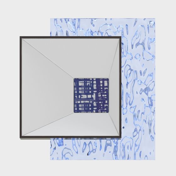 Modern square wall mirror with dark frame and blue pattern on light grey background