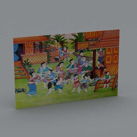 Traditional Thai painting of people playing water festival in village on grey background