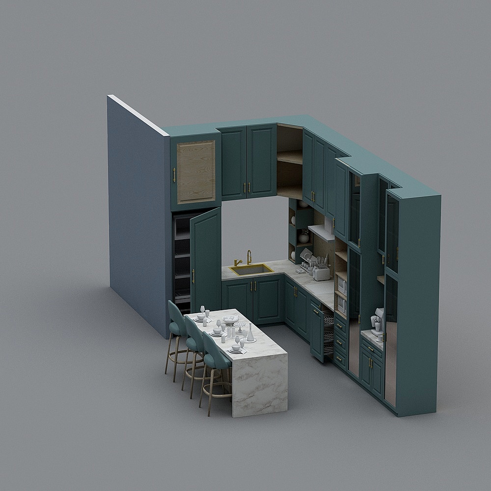Elegant Low-Poly Green Kitchen 3D Model