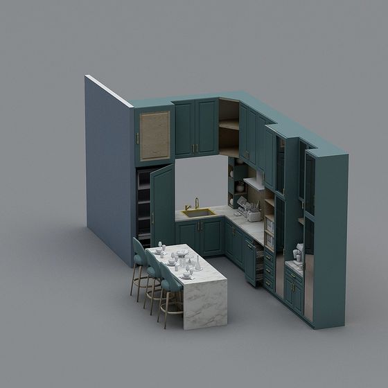 Elegant Low-Poly Green Kitchen 3D Model