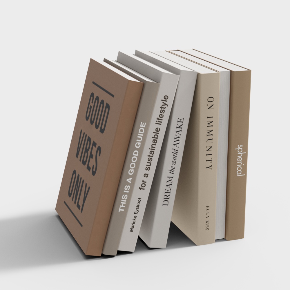 Five beige and white hardcover books with modern typography titles arranged on light grey background