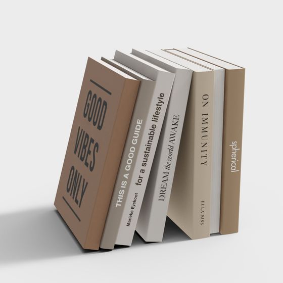 Five beige and white hardcover books with modern typography titles arranged on light grey background