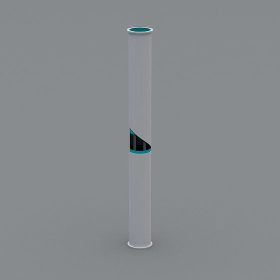 Modern white cylindrical light fixture with teal rim and black cutout detail on grey background