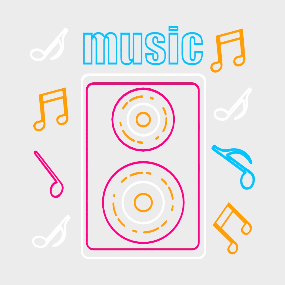 Colorful line art speaker with music notes and text on grey background
