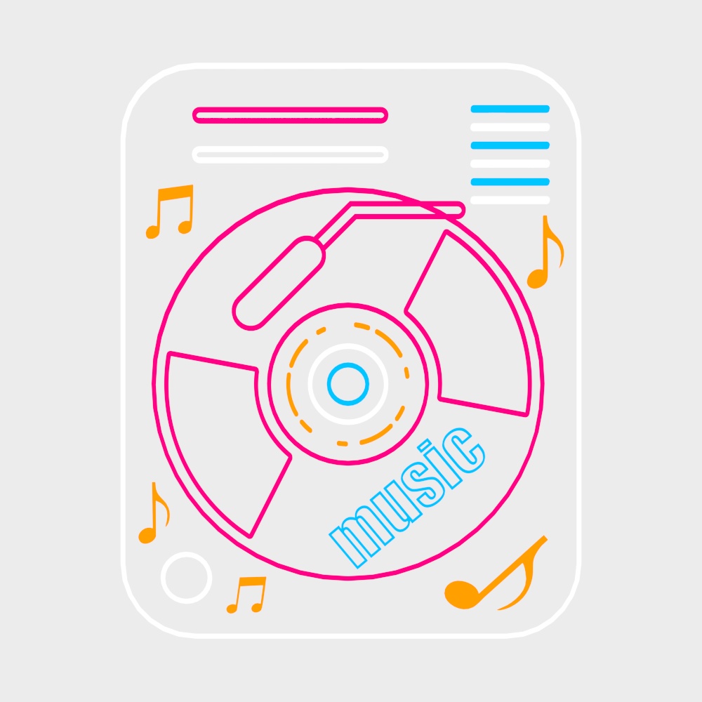 Pink vinyl record player icon with blue text and orange music notes on grey background